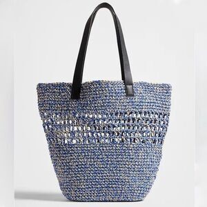 Banana Republic Woven Straw Market Tote Bag Blue